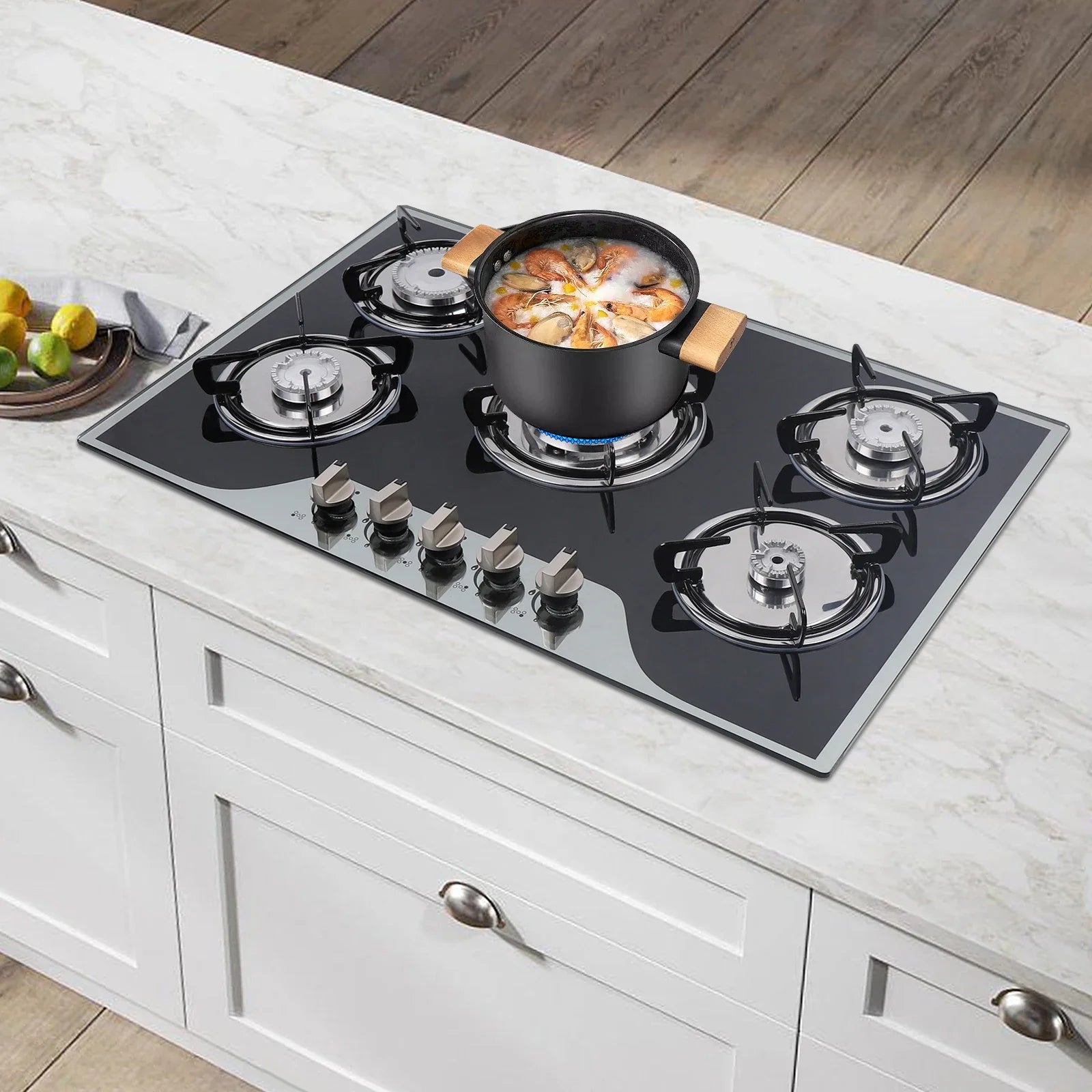 5 Burner Built-In Gas Stove Cast Iron Gas Hob Burner Cooker LPG NG  Dual Fuel Stainless Steel  Gas Hob Cooktop