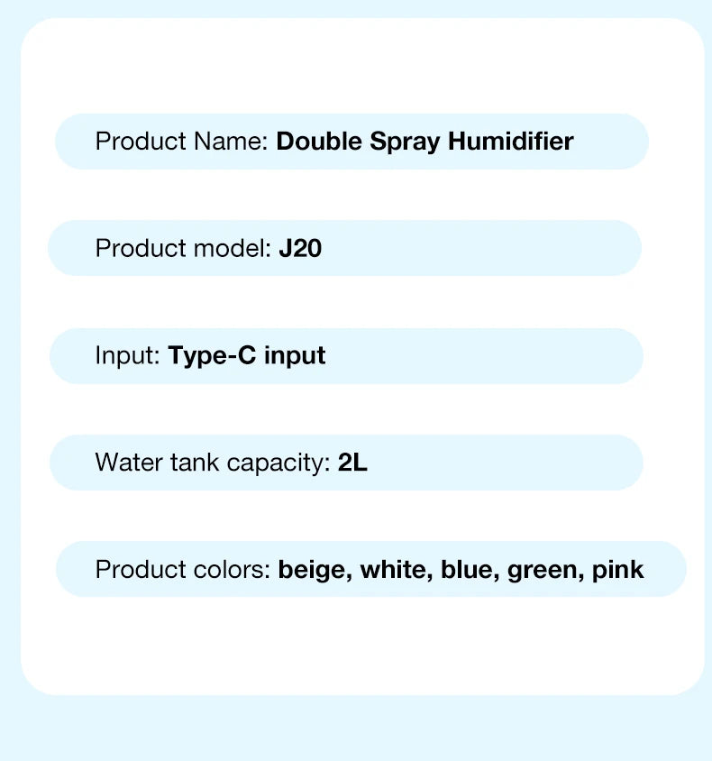2200ML Air Humidifier USB Double Spray Port Mist Spray Heavy Fog Aroma Diffuser Essential Oils Color Light for Home Bedroom Gift