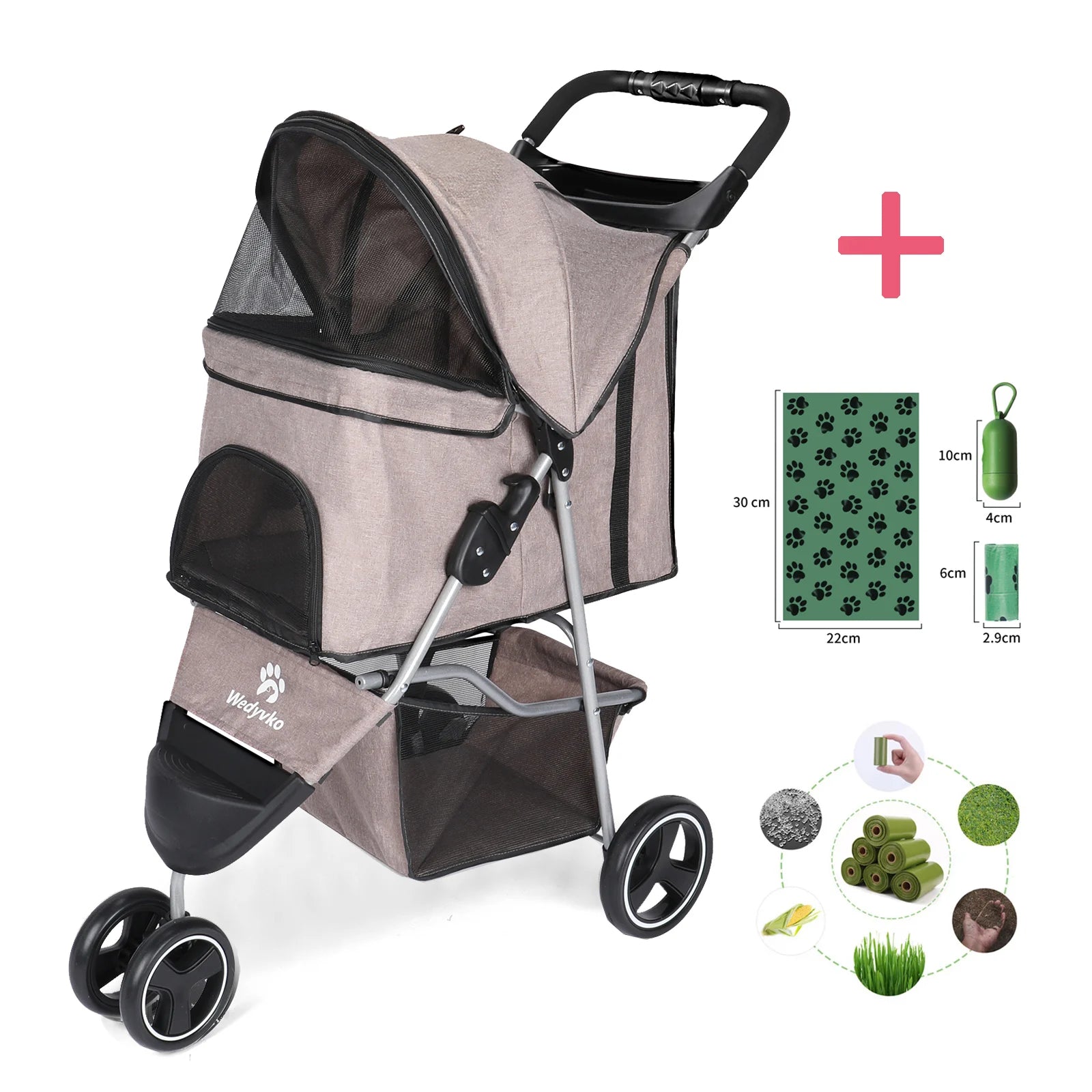 carreola para mascotas perro 3 Wheel Foldable Cat Dog Stroller with Storage Basket, Handle 360° Pet Dog Stroller