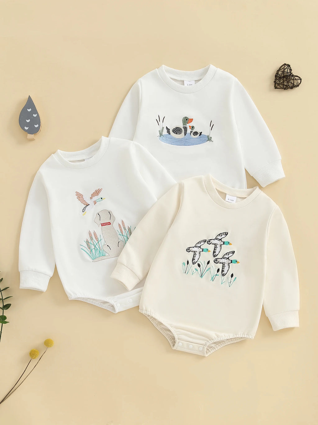 Infant Boys Fall Overalls with Long Sleeves and Crew Neck Featuring Adorable Duck Embroidery on Sweatshirt Style Romper - Firu Total Sales