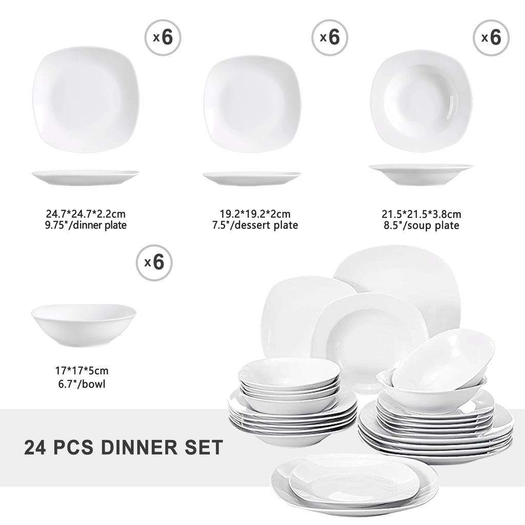 MALACASA Elisa 24-Piece Ceramic Porcelain Tableware Dinner Set Cereal Bowls Soup Dessert Plate Dinnerware Serive for 6 Person