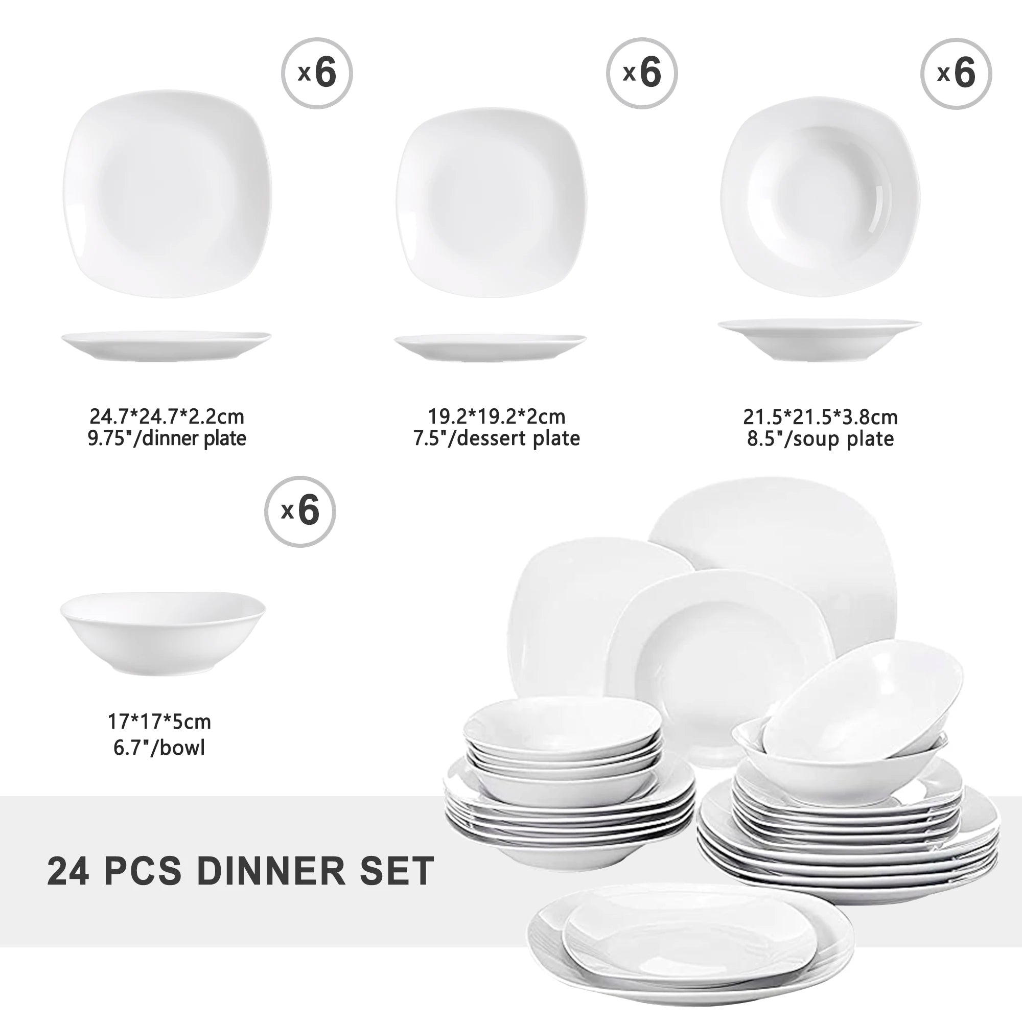 MALACASA Elisa 24-Piece Ceramic Porcelain Tableware Dinner Set Cereal Bowls Soup Dessert Plate Dinnerware Serive for 6 Person