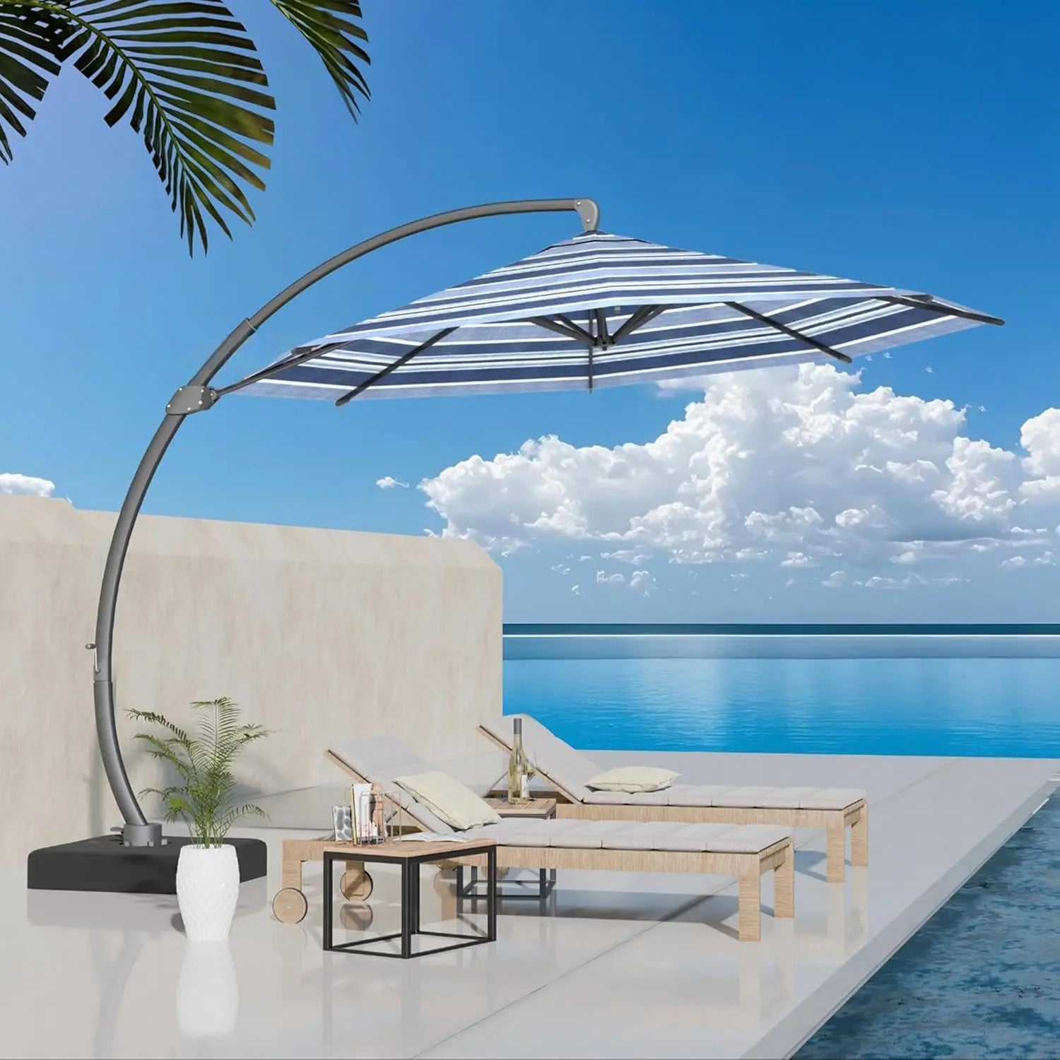 11ft round Aluminum Patio Umbrella with Base - Offset Cantilever Design 360° Rotating Customizable Large Outdoor Shade Umbrella