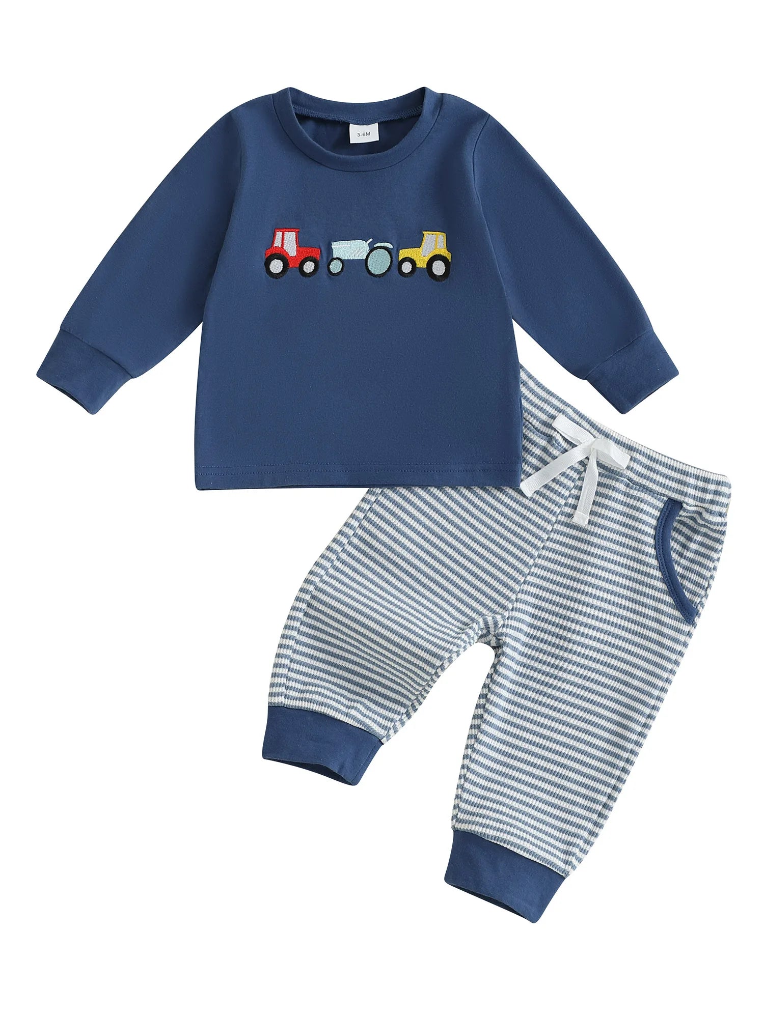 Boys Autumn Clothing Set with Car Embroidered Sweatshirt and Striped Pants - 2 Piece Outfit for Toddlers