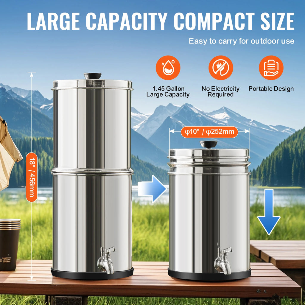 SucceBuy 1.5G 2.25G Gravity-fed Water Filter System 304 Stainless-Steel Water Filtration System Countertop with 2 Carbon Filters