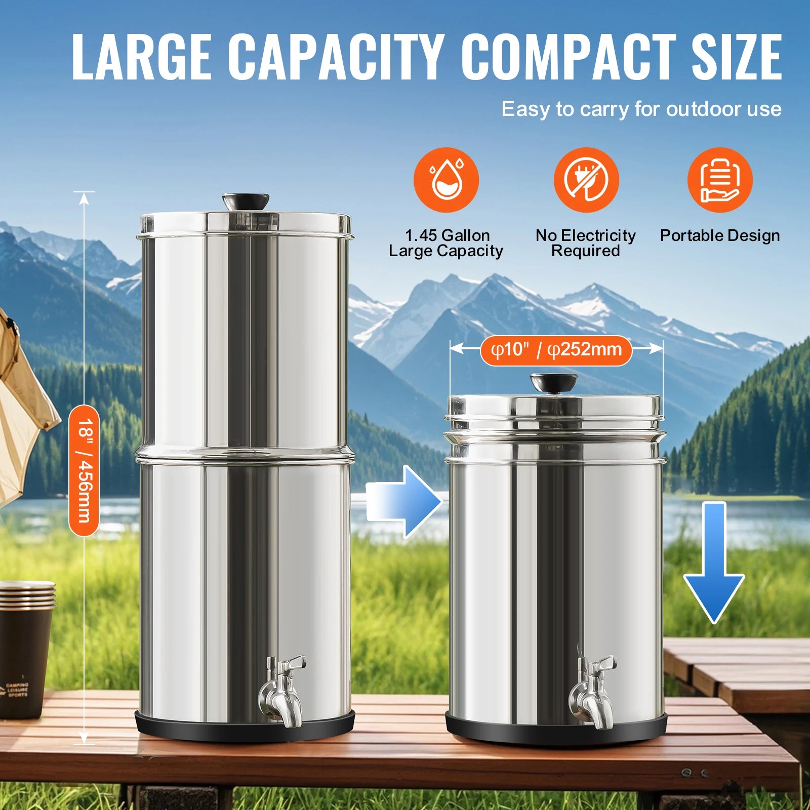 SucceBuy 1.5G 2.25G Gravity-fed Water Filter System 304 Stainless-Steel Water Filtration System Countertop with 2 Carbon Filters