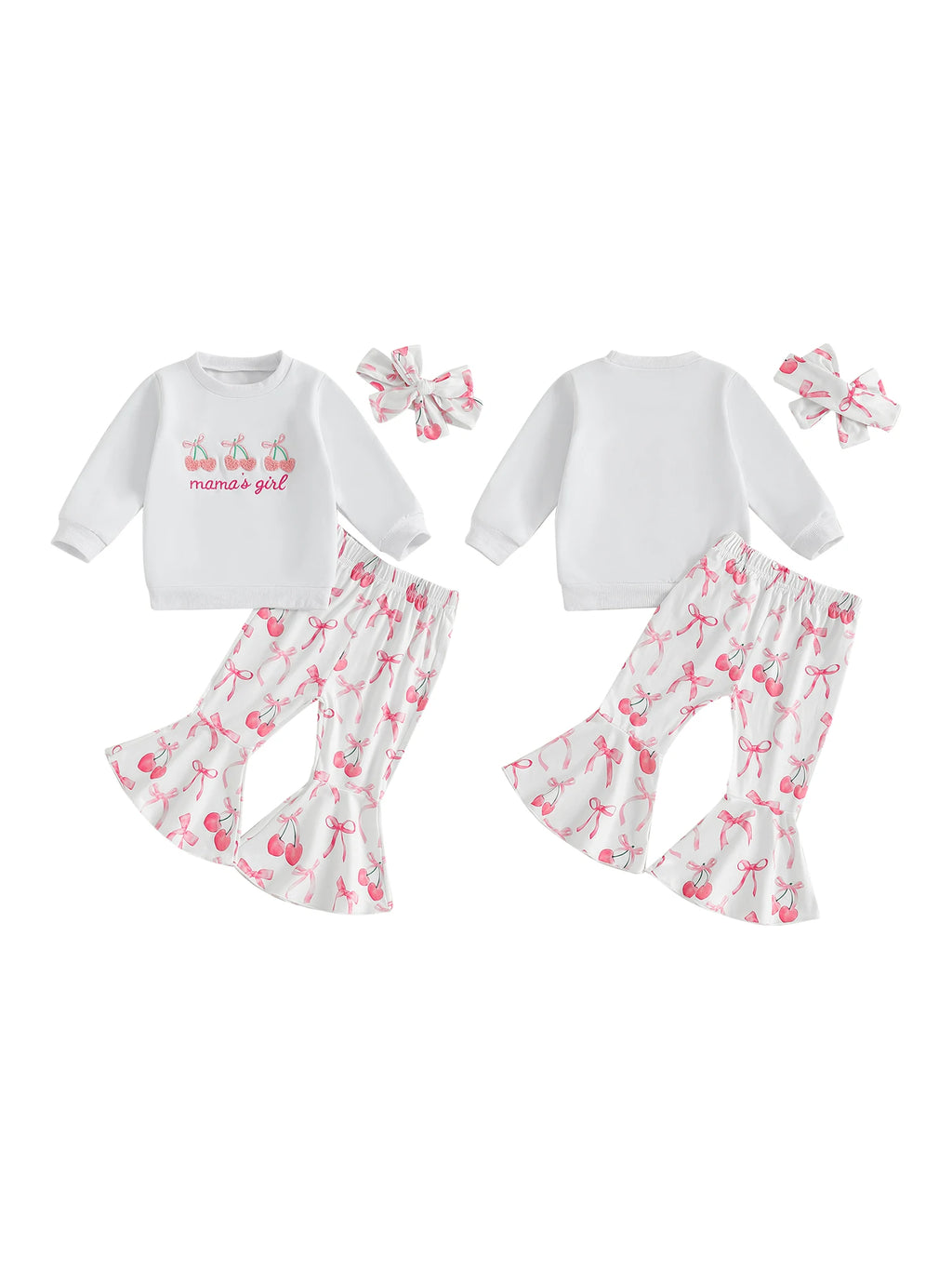 Toddler Girls Adorable Clothing Set with Cherry Embroidery Sweatshirt Bow Print Flared Pants and Matching Headband - 3 Piece - Firu Total Sales