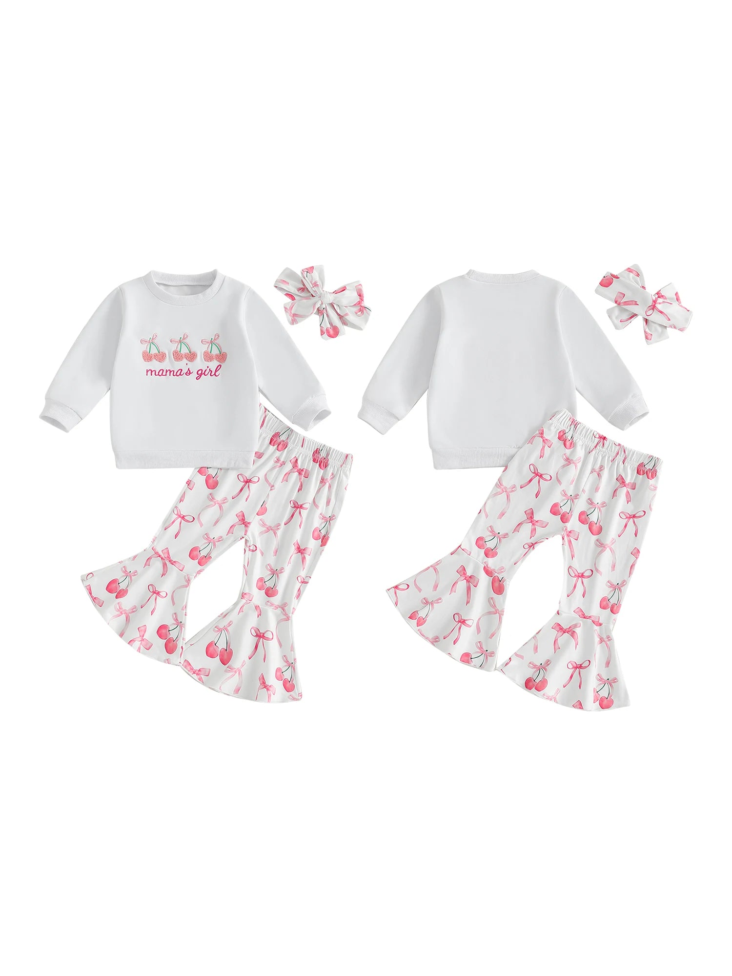 Toddler Girls Adorable Clothing Set with Cherry Embroidery Sweatshirt Bow Print Flared Pants and Matching Headband - 3 Piece - Firu Total Sales