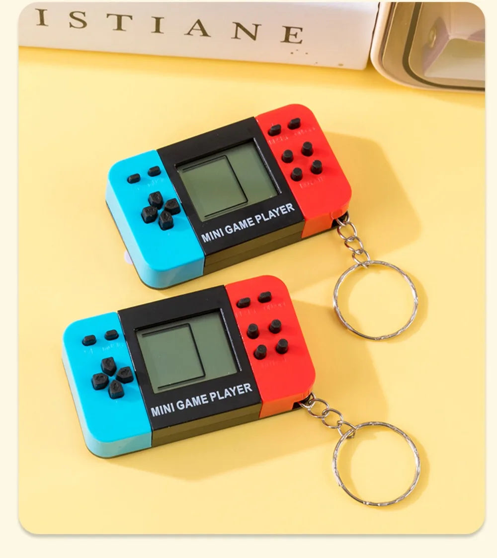Blue Retro Mini Handheld Game Console Keychain With Bells, Cute Backpack Pendant Video Game Keyring