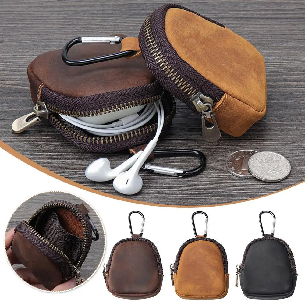 Stylish Retro PU Leather Change Purse Small Zipper Coin Pouch with Carabiner,Mini Keychain Coin Purse Wallet Charm for Women Men