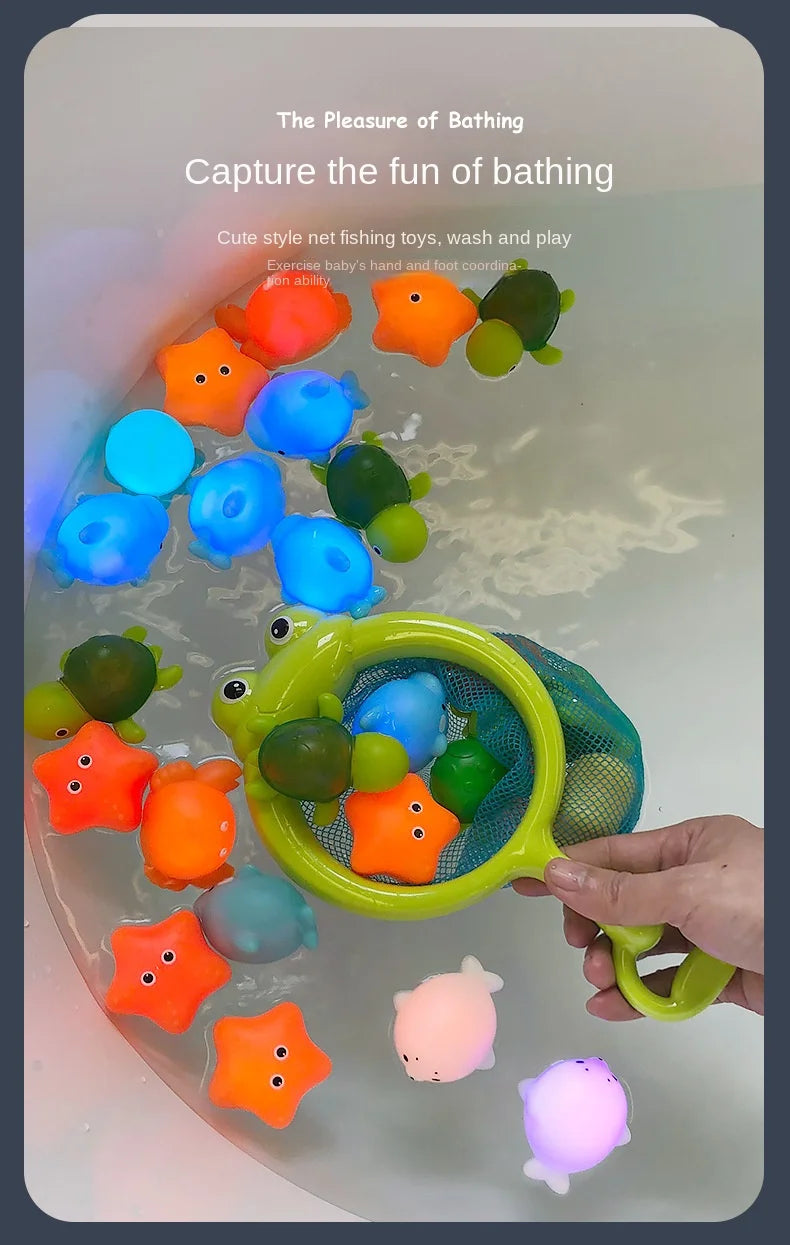 Glowable Animal Washing Water Set Floating Water Light Net Fishing Fish Playing Water Toys Children's Baby Bath Toys Floating