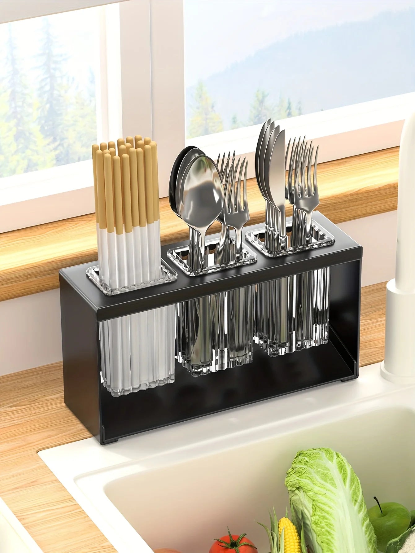 1pc Multifunctional Drain Rack with Built-in Storage Box for Kitchen Utensils Forks Spoons Knives