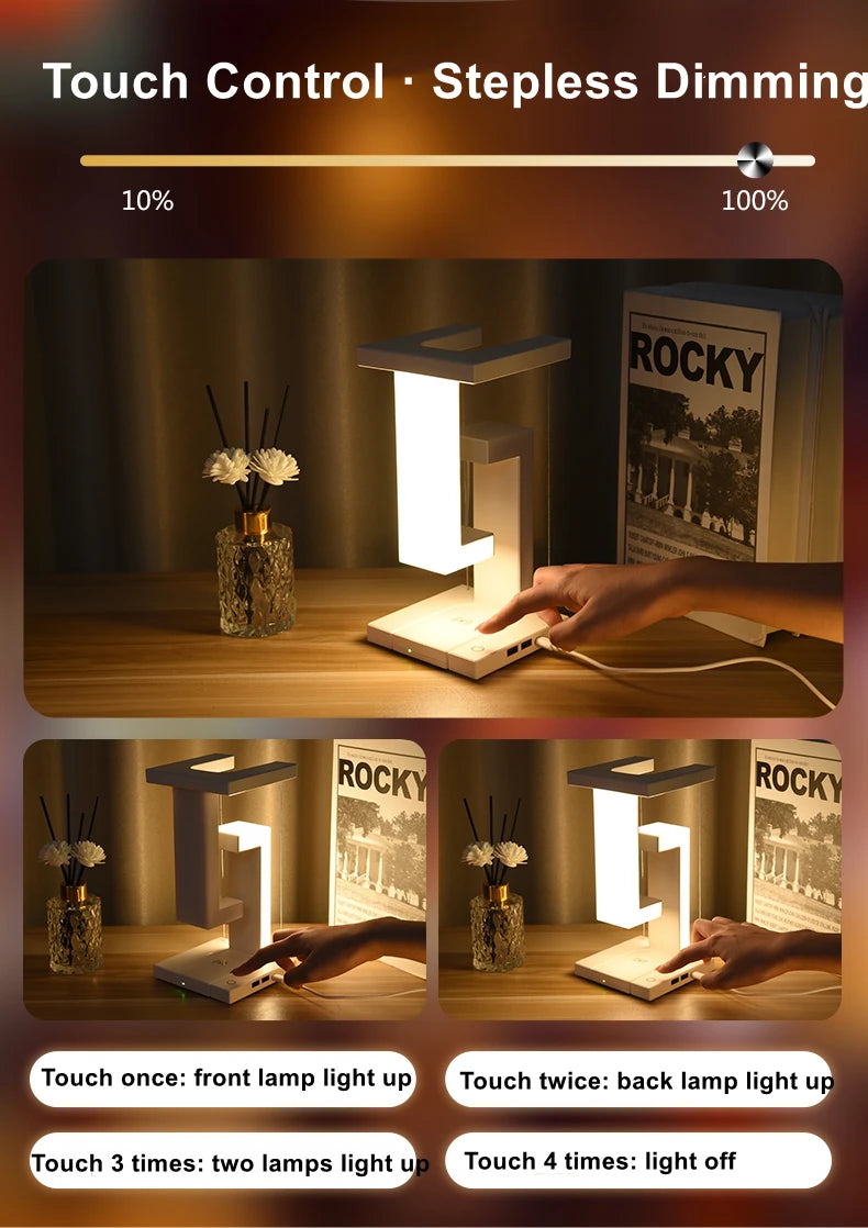 Floating Desk Lamp with Wireless Charger | USB Output | iPhone Charging Dock | Bedside Table Lamp
