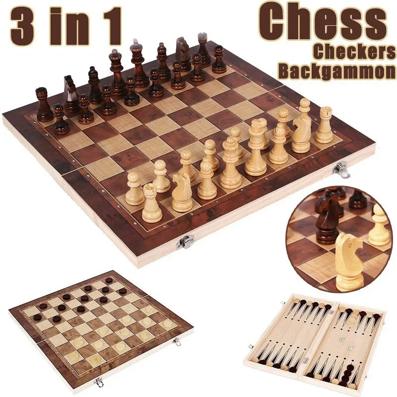 3in 1 Portable Travel Chess Checker Backgammon, Folding Storage Wooden Chess Set, International Checkers Board Game Kids Adults