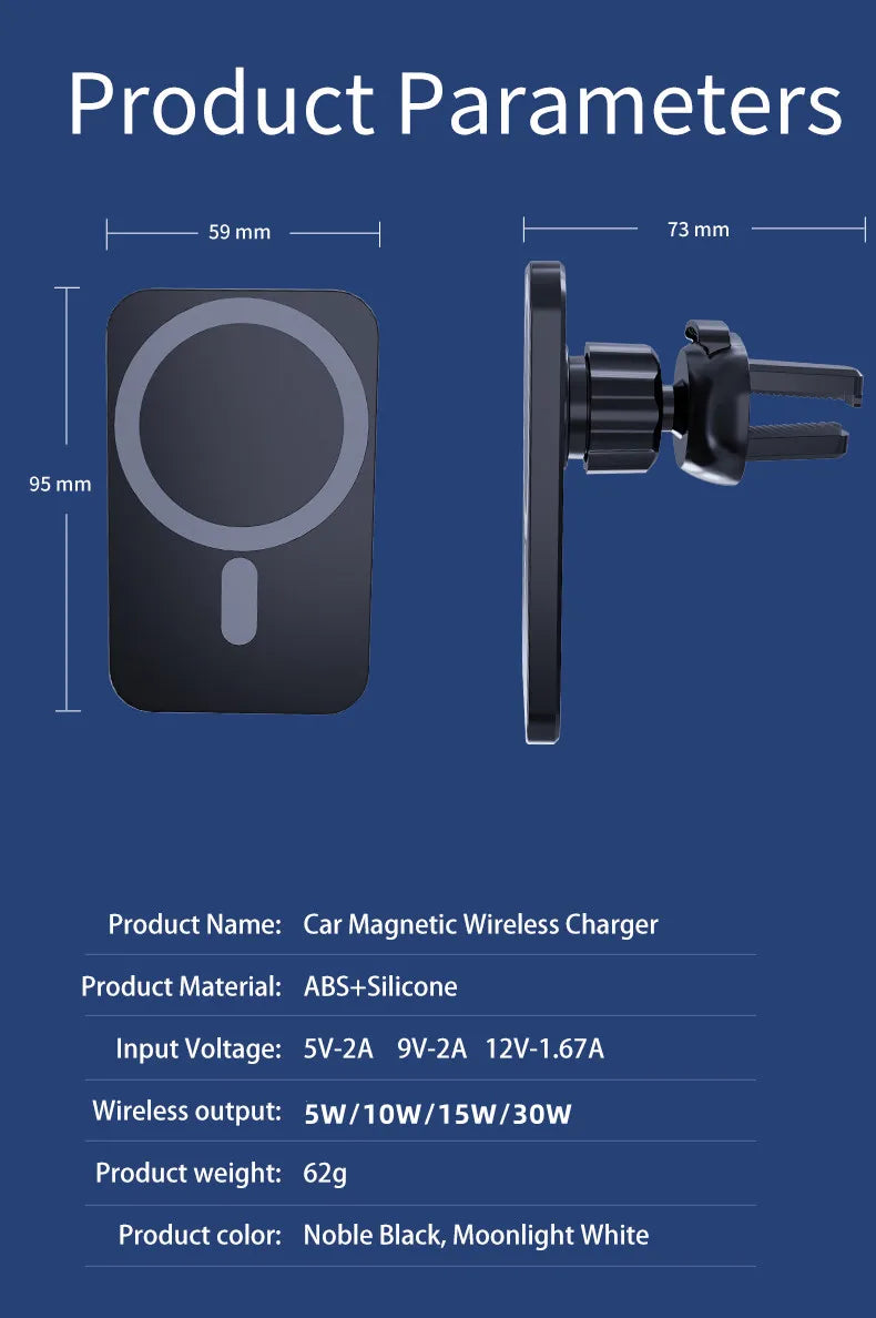 30W Magnetic Car Wireless Charger | MagSafe Compatible | iPhone 12-15 Pro Max