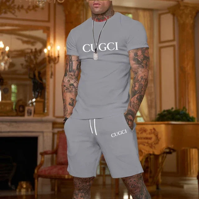 2026 summer T-shirt shorts short sleeved two-piece men's casual sports suit fashionable casual trendy clothing