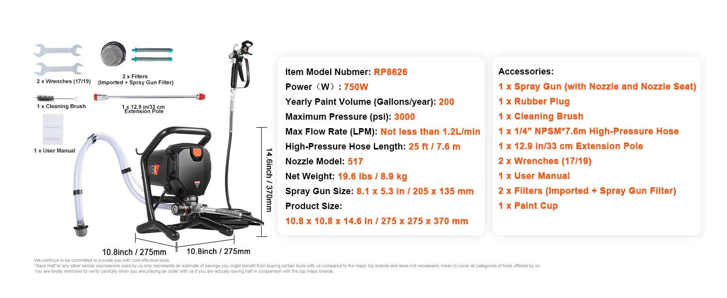SucceBuy 750W 950W Airless Paint Sprayer 3000PSI High Efficiency Electric Airless Sprayer Handheld Paint Sprayers Home Interior