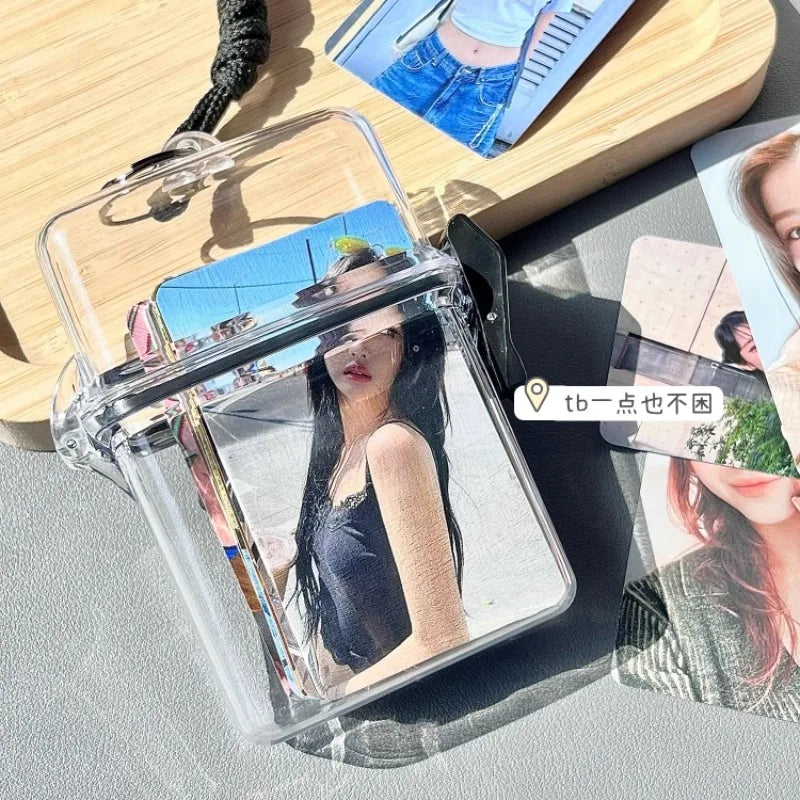 3 Inch Transparent Storage Box Photocard Holder With Rope Waterproof Card Case Outdoor Square Dustproof Box Photo Storage Box