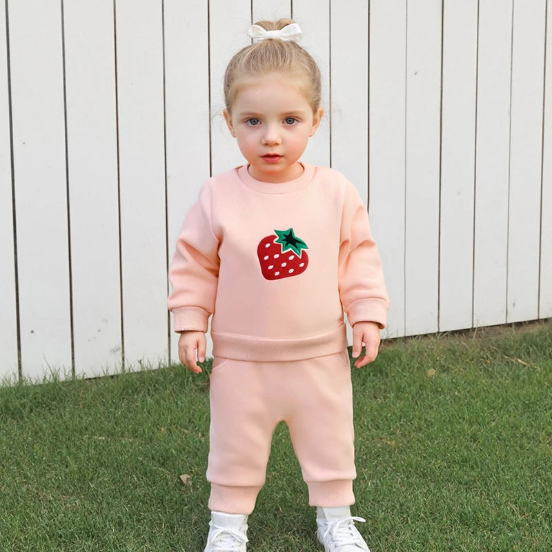 Cute Toddler Girl Autumn Ensemble Adorable Strawberry Embroidered Crew Neck Sweatshirt with Matching Long Pants 2-Piece Set - Firu Total Sales