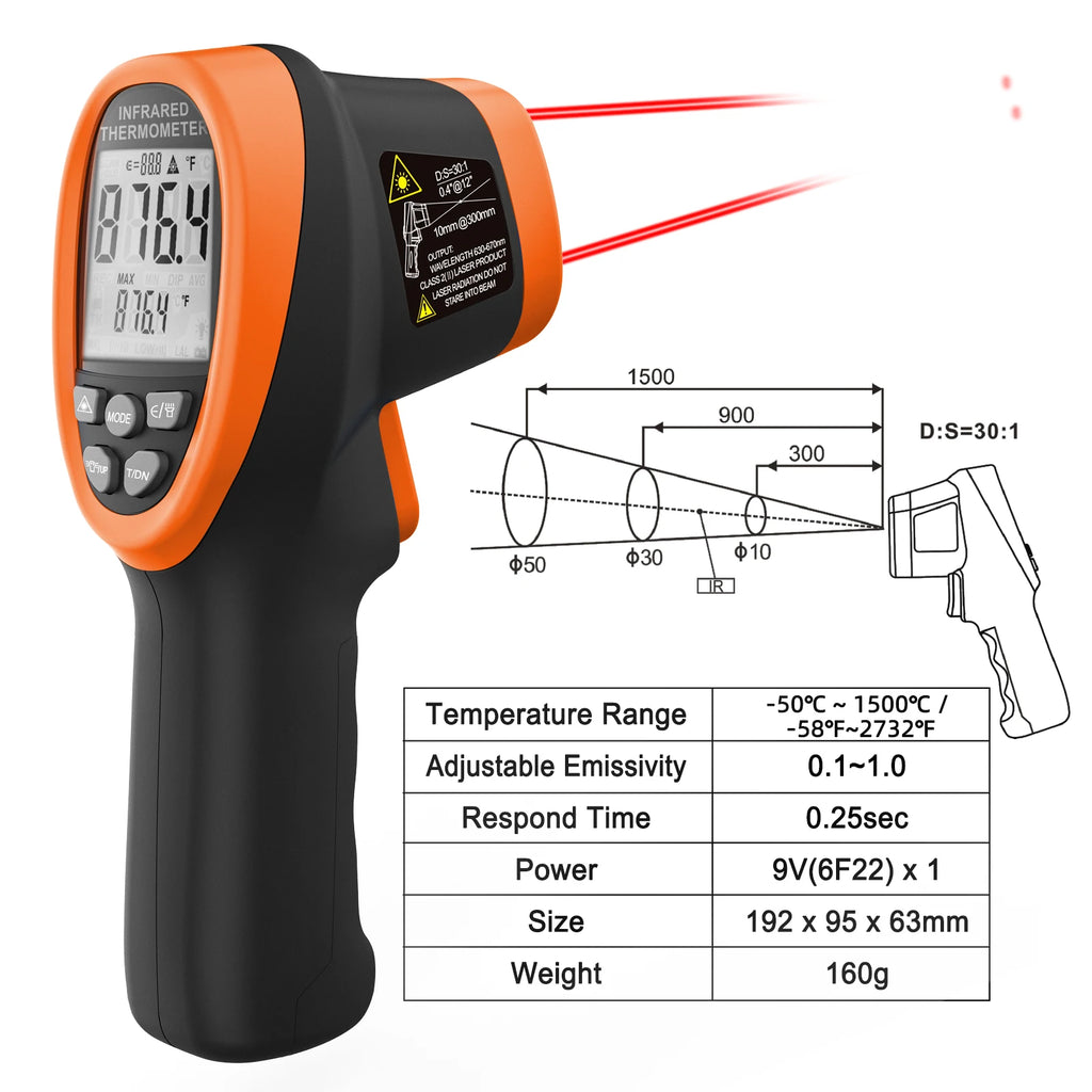 KE-1500 Digital Infrared Thermometer Gun — -50° to 1500°C | 30:1 D:S Ratio
