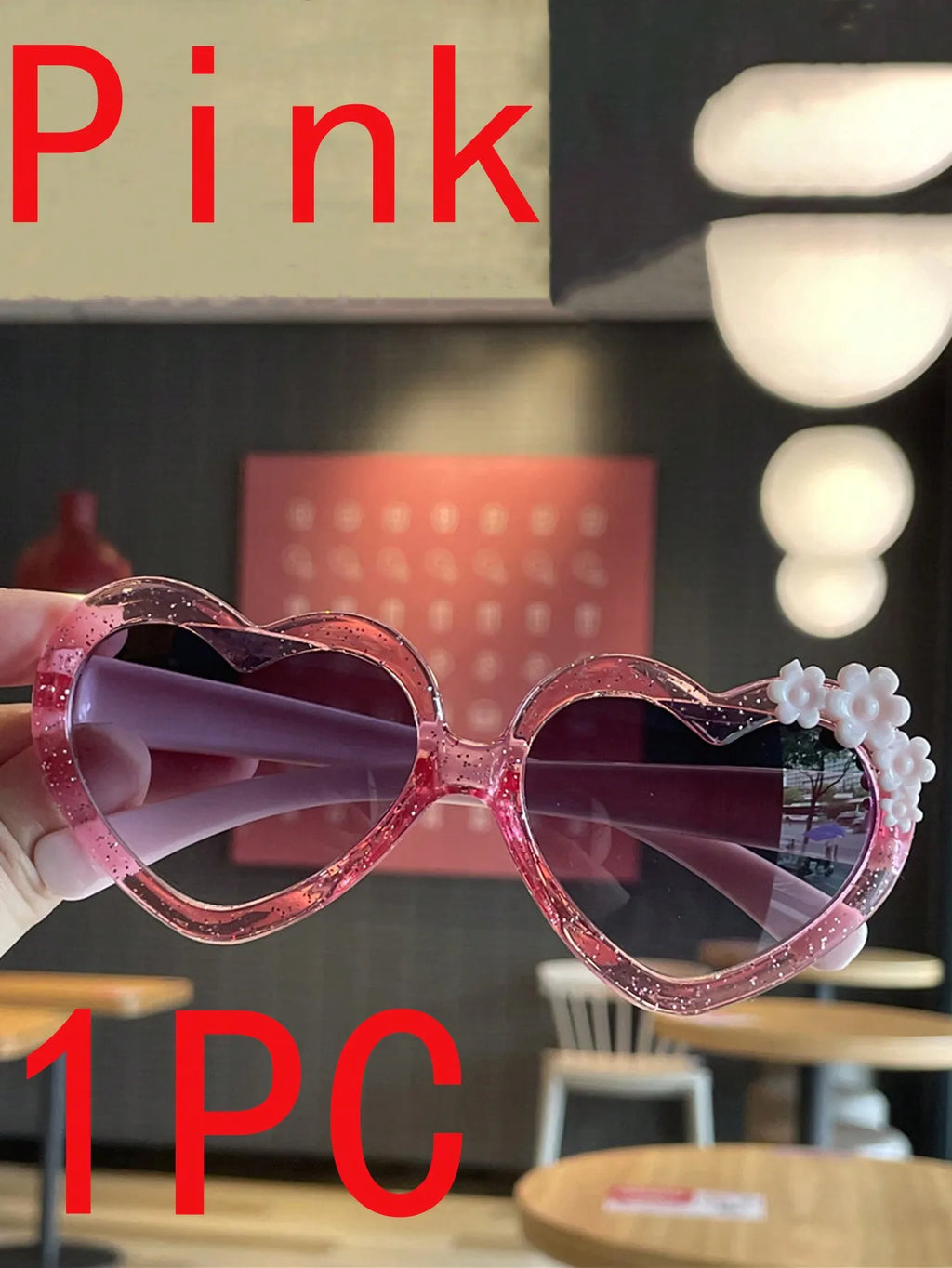 Heart-Shaped Glitter Sunglasses with Floral Embellishment for Girls