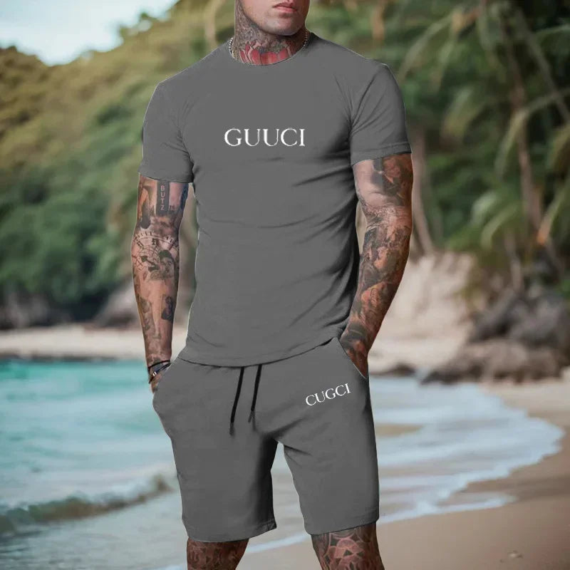 2026 summer T-shirt shorts short sleeved two-piece men's casual sports suit fashionable casual trendy clothing