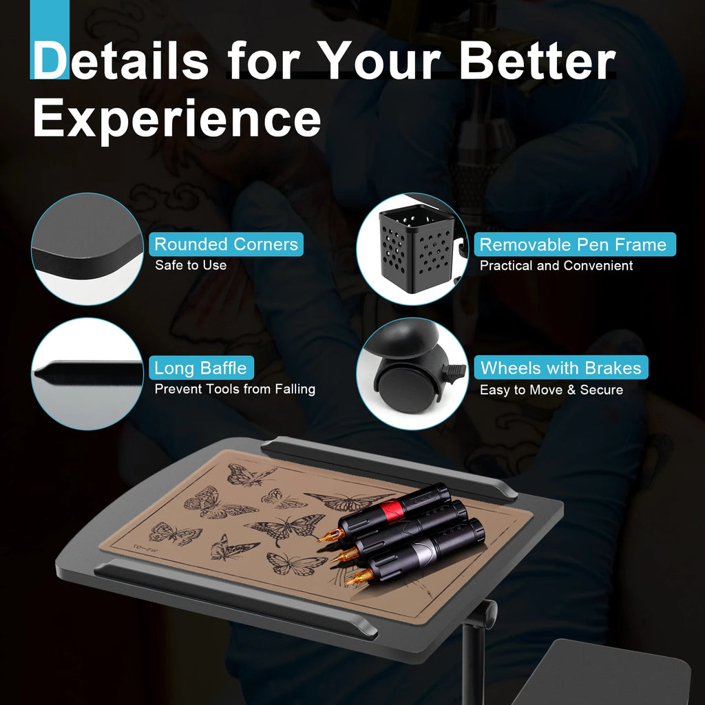 Portable Adjustable Height Tattoo Workstation Dual Surface Black Iron & Density Board Table 57.5-90cm12.5kg Load-Bearing