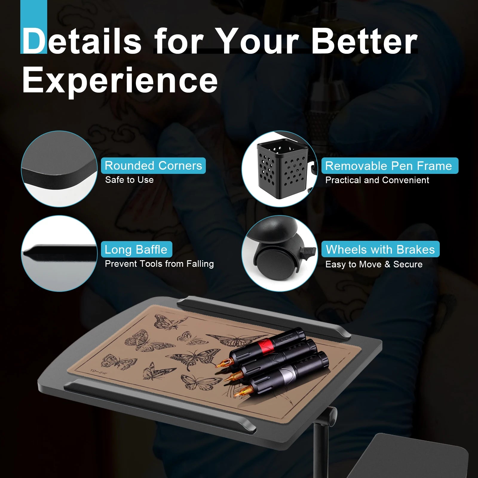 Portable Adjustable Height Tattoo Workstation Dual Surface Black Iron & Density Board Table 57.5-90cm12.5kg Load-Bearing