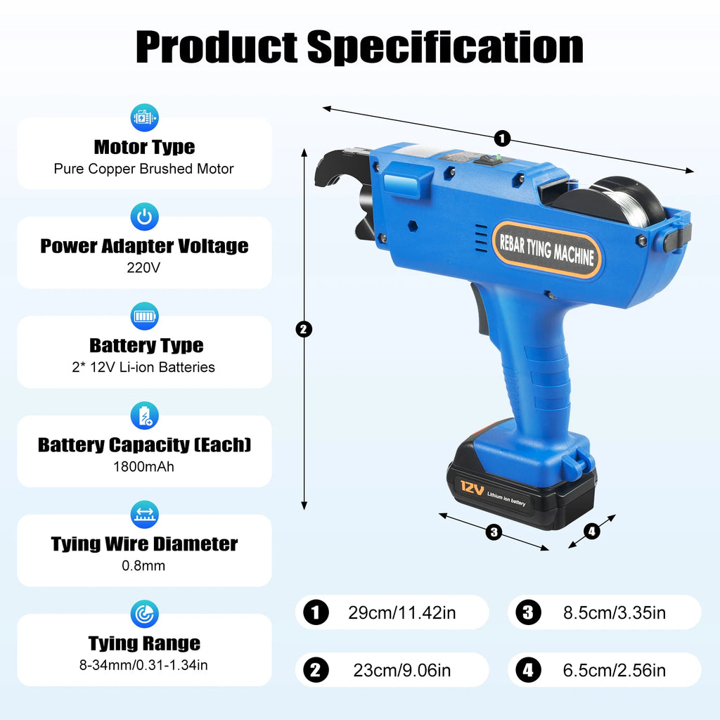 8mm-34mm Automatic Rebar Tier Binding Machine 12V 4500mAh Electric Handheld Rebar Tying Machine Wire Pliers Tool Kit w/Batteries