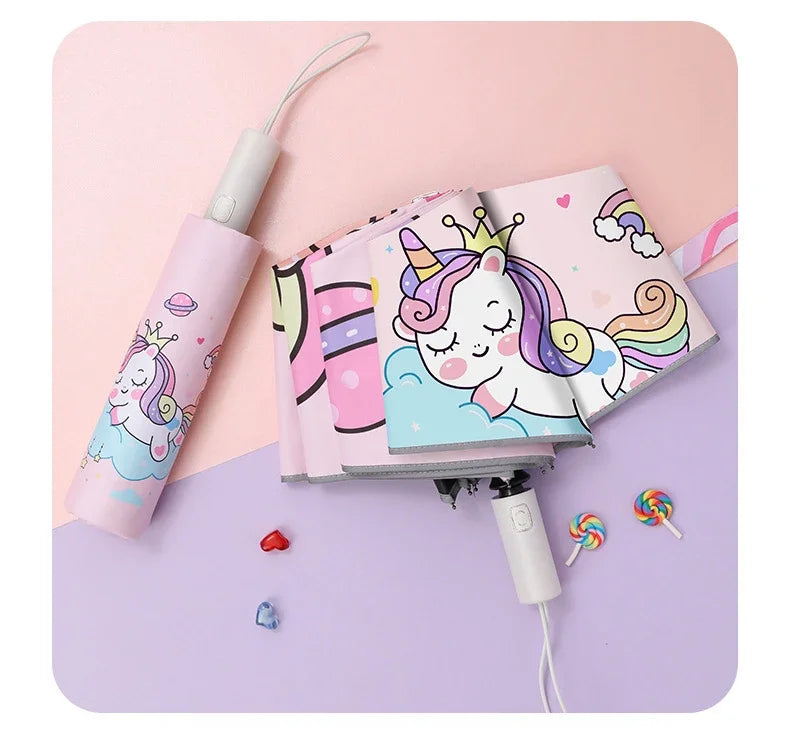 Automatic Umbrella Pink Unicorn Princess Crown Umbrella,Windproof Folding Umbrellas,Reflective Stripe Design Umbrella，No Rebound