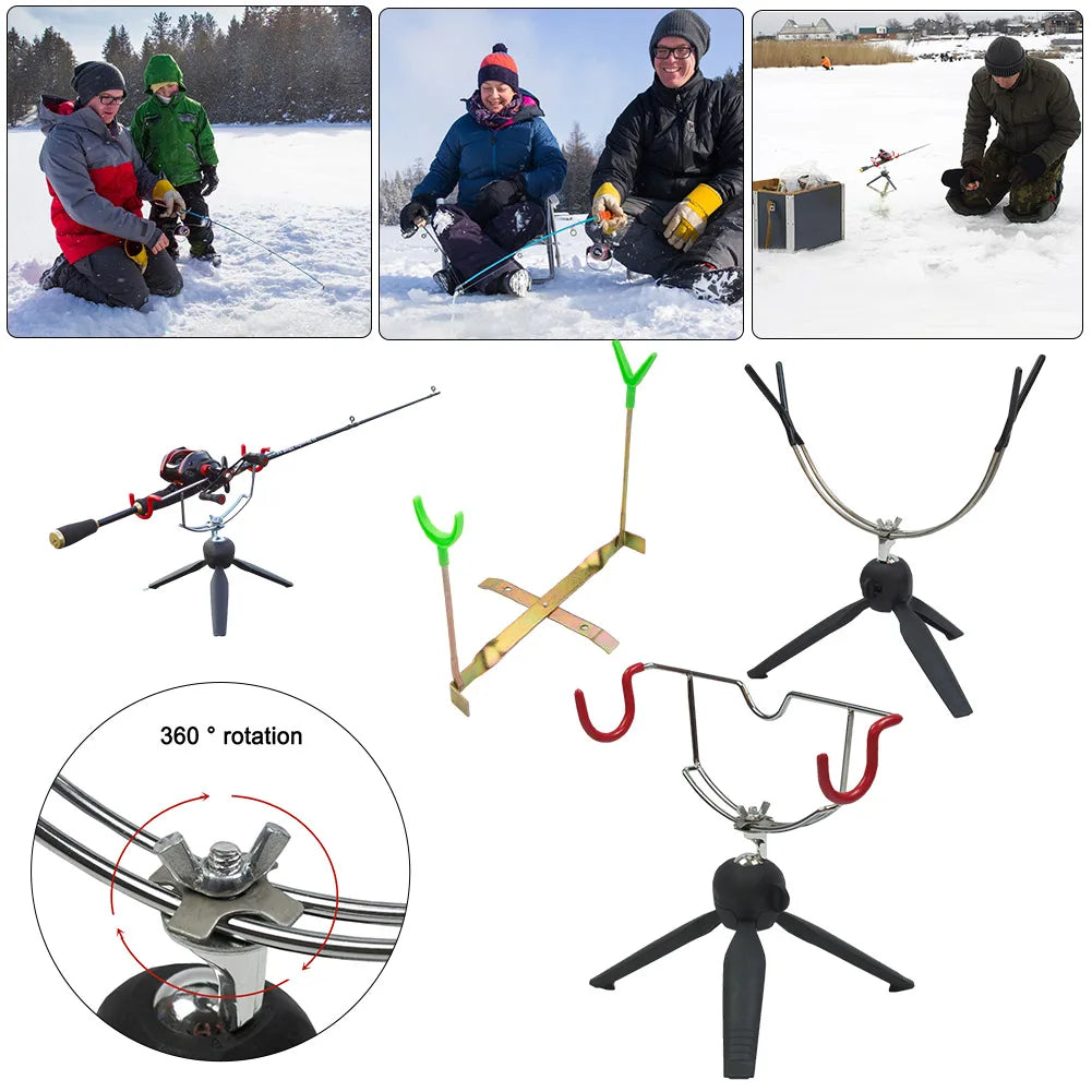 Portable Ice Fishing Rod Holder Adjustable Angle Double-Head Fish Pole Holder Metal Folding Rod Holder for Winter Sea Fishing