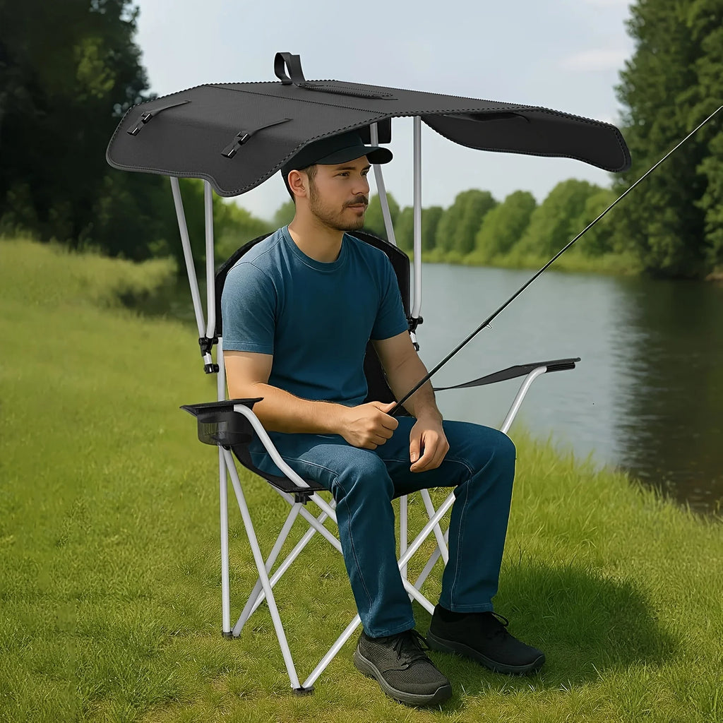 Portable folding fishing chair with sunshade - equipped with cup holder, portable and lightweight design, suitable for beaches