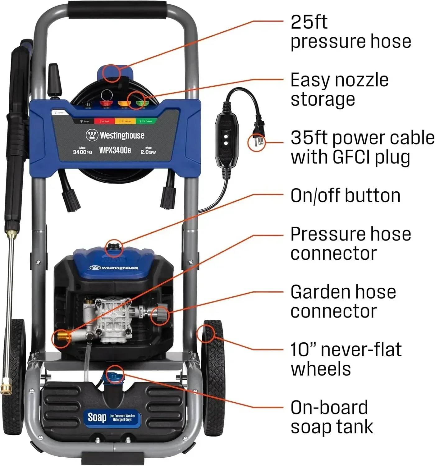 XMSJ*[XMSJ]WPX3400e Electric Pressure Washer, 3400 Max PSI and 2.0 Max GPM, Brushless Motor, Onboard Soap Tank, Spray Gun and Wa