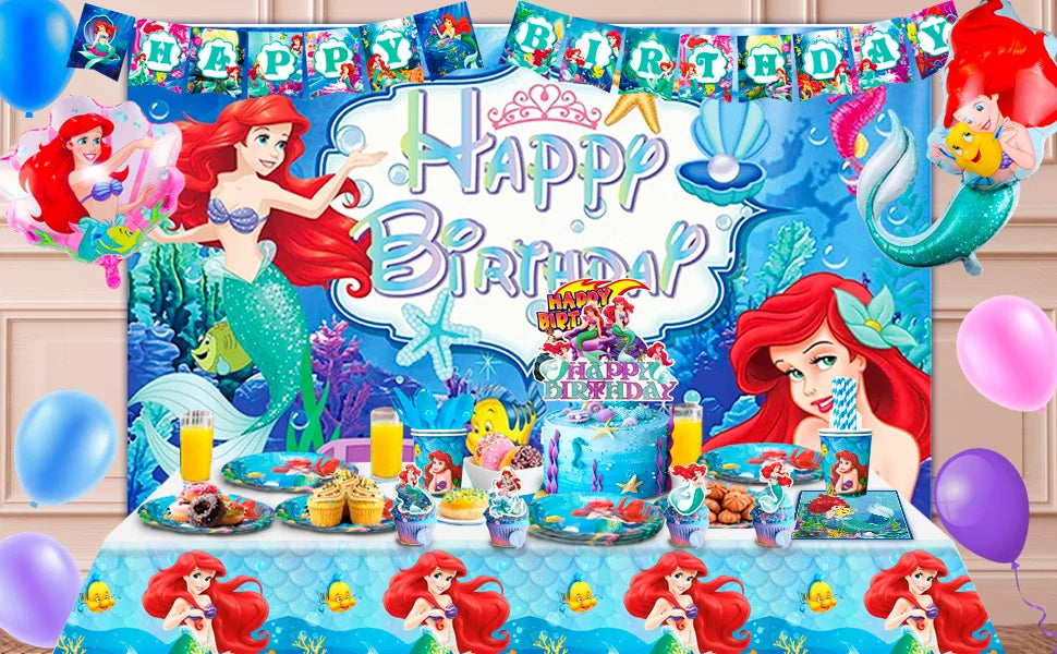 Little Mermaid Birthday Supplies,185pcs Little Mermaid Birthday Party Decorations&Tableware-Little Mermaid Stickers Banner Plate