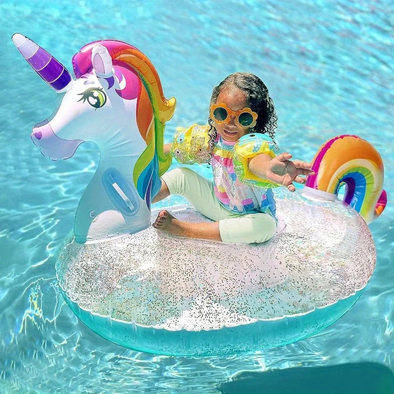 JOYFY Unicorn Pool Float Inflatable Rainbow Unicorn Floaty with Glitters Fun Pool Floats Raft Lounge for Summer DecorationsToys