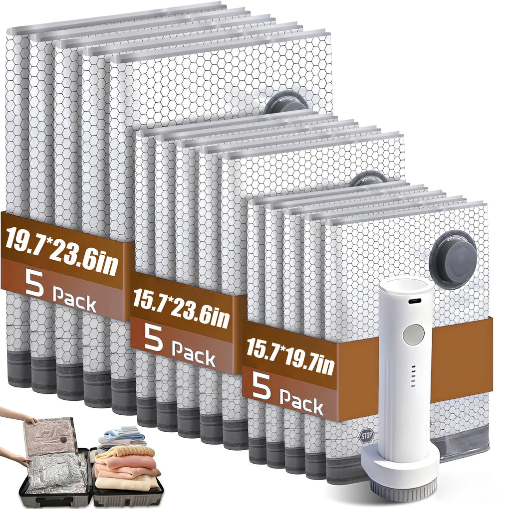 Cordless Compression Travel Vacuum Bags 15-Pack | Rechargeable Pump | Luggage Suitcase