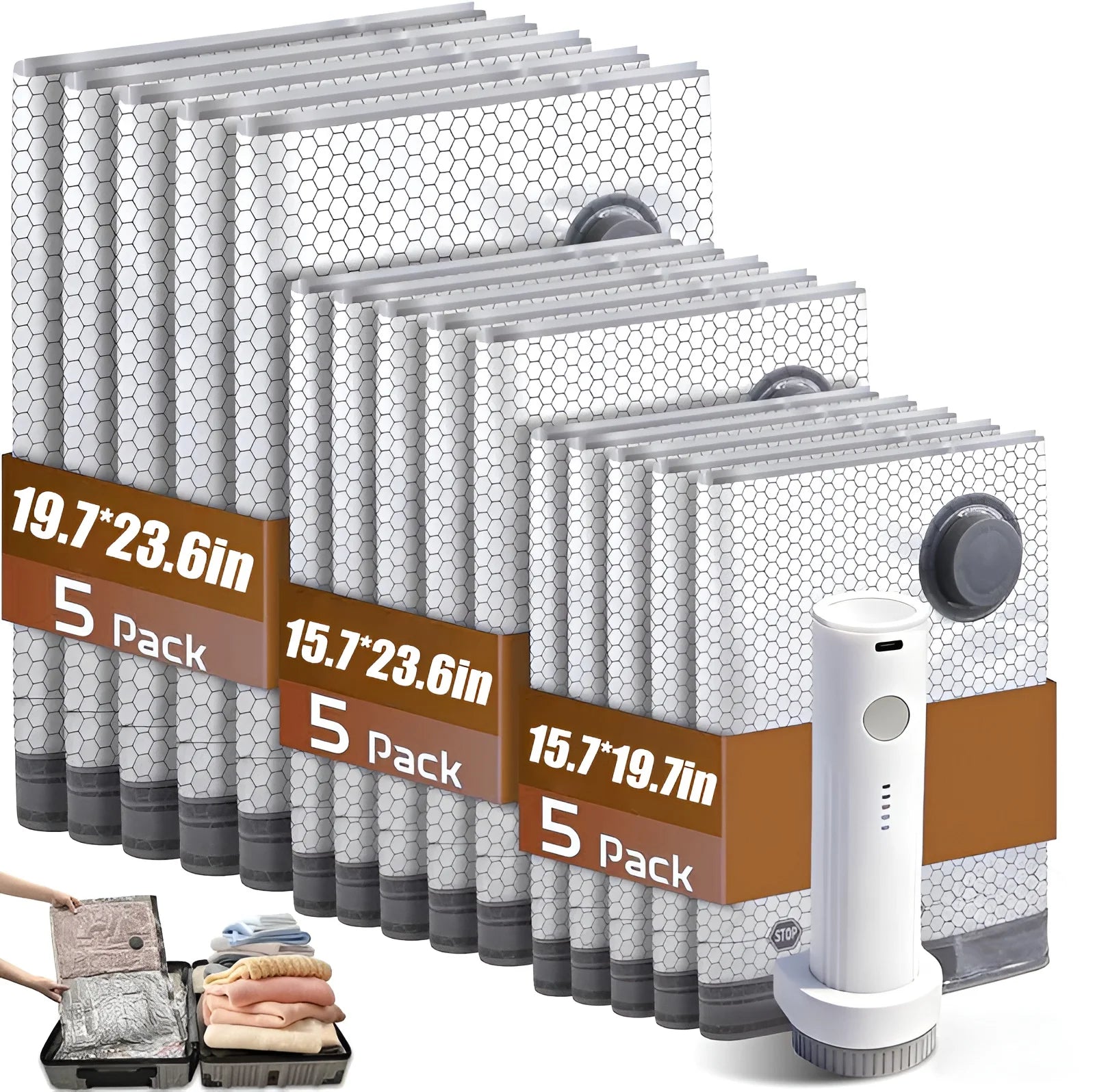 Cordless Compression Travel Vacuum Bags 15-Pack | Rechargeable Pump | Luggage Suitcase