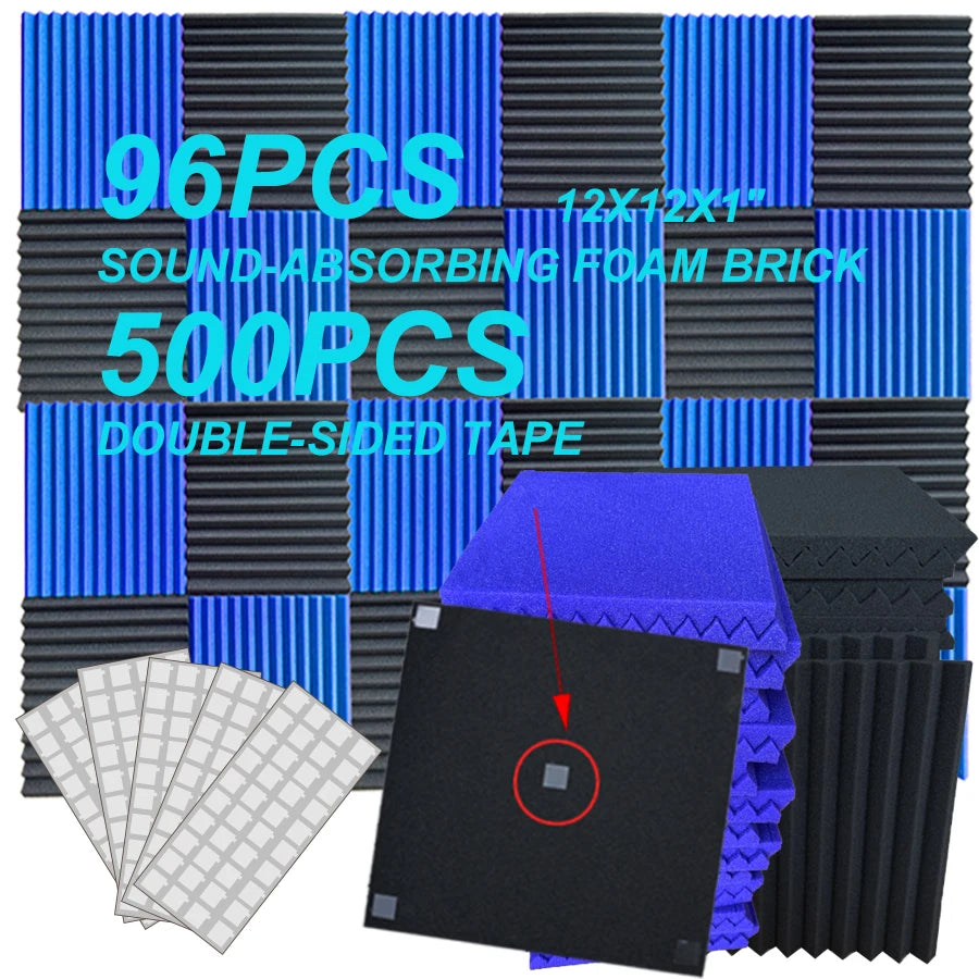 96 Pieces Black And Blue Absorption Sound Foam Boards 12x12x1 Inches for Recording Studios And Esports Rooms Noise Reduction