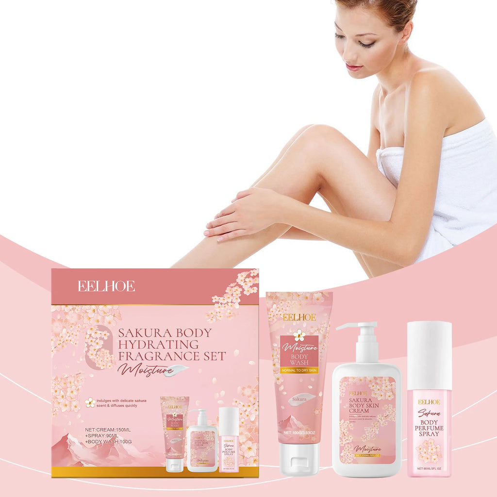 EELHOE Sakura Flower Body Skin Care Set Lasting Moisturizer Body Lotion for Brightening Skin Lightening Shower Gel Perfume Spray