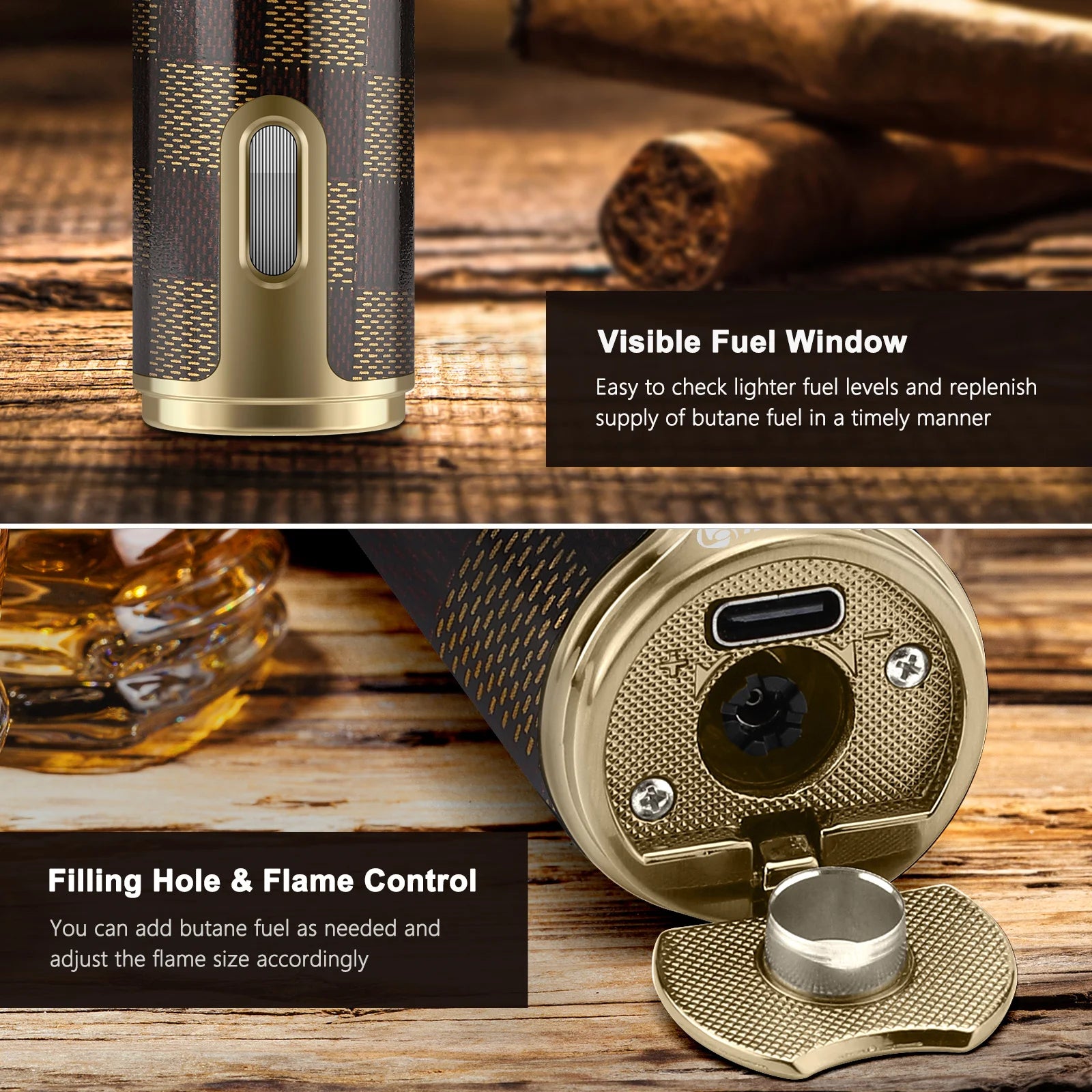 Cigar Lighter with Cigar Punch Holder,Windproof Electric Torch Lighter,Refillable Butane Lighters for Smoking with Gift Box