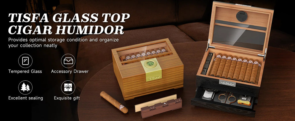 Cigar Box Humidor with Hygrometer and Humidifier, Cedar Wooden Case with Drawer, Divider, Length Gauge, Desktop Humidor Box Gift