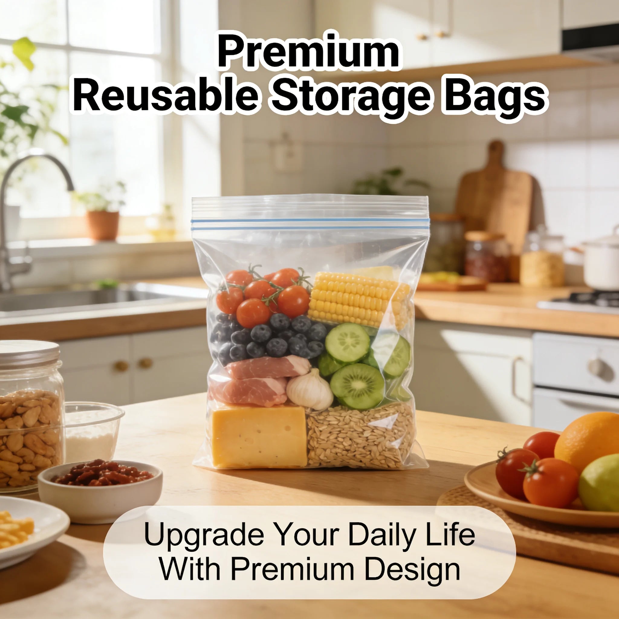3 Size Reusable Storage Bags Transparent Leak Proof Freezer Bags Airtight Seal for Food Fruit Veggie Storage