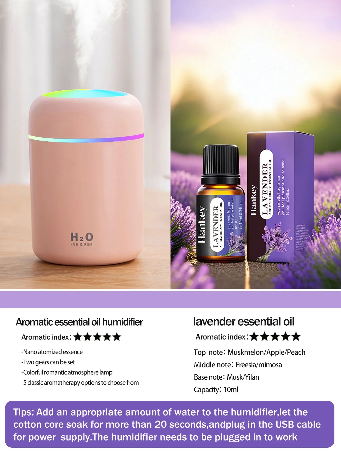 Difusor Aromaterapia 300ML | Purificador de Aire | Luz 7 Colores | Auto y Hogar 🌿