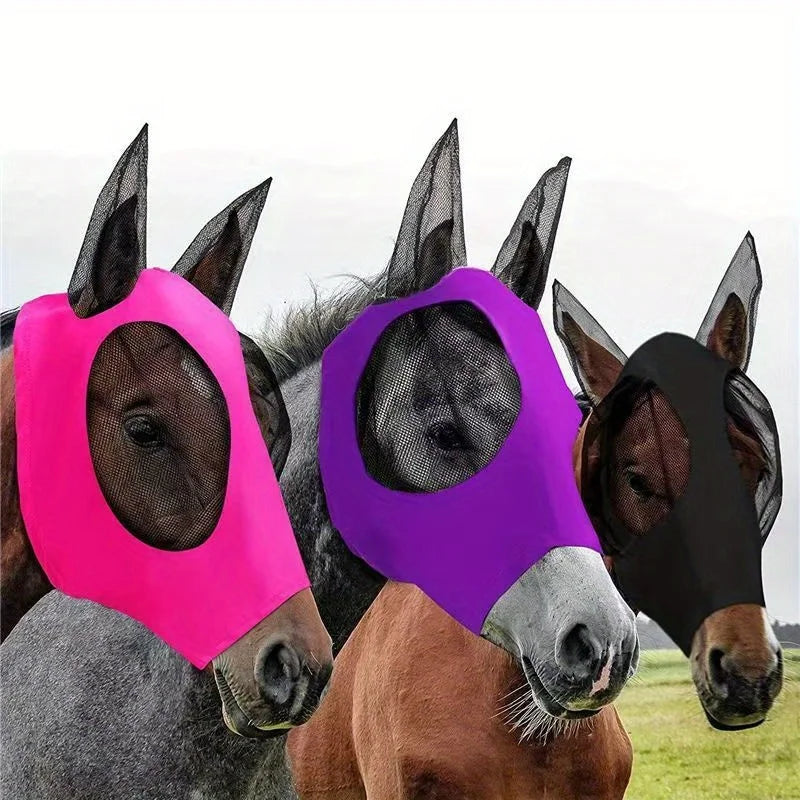 Breathable Horse Face Mask, Comfortable Mesh Horse Fly Mask with Ear Covers, Equestrian Supplies