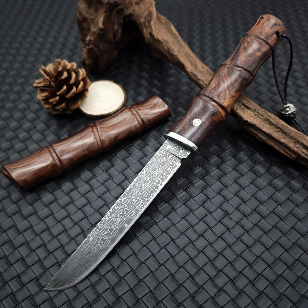 Bamboo Shape Damascus Blade Red Sandalwood Handles Tactical Survival Hunting Knives Camping EDC Self Defense Tools with Gift Box