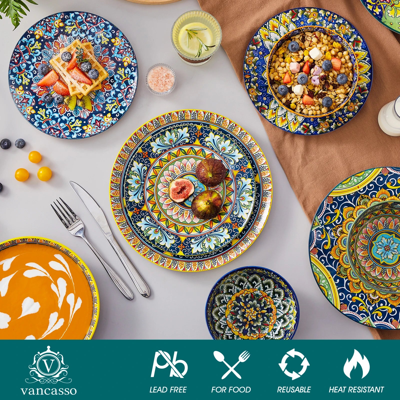 vancasso 24 Piece Dinnerware Sets Bohemian Style Porcelain Ceramic Plates Set with 6PCS Dinner Plate/Dessert Plate/Soup/Bowl