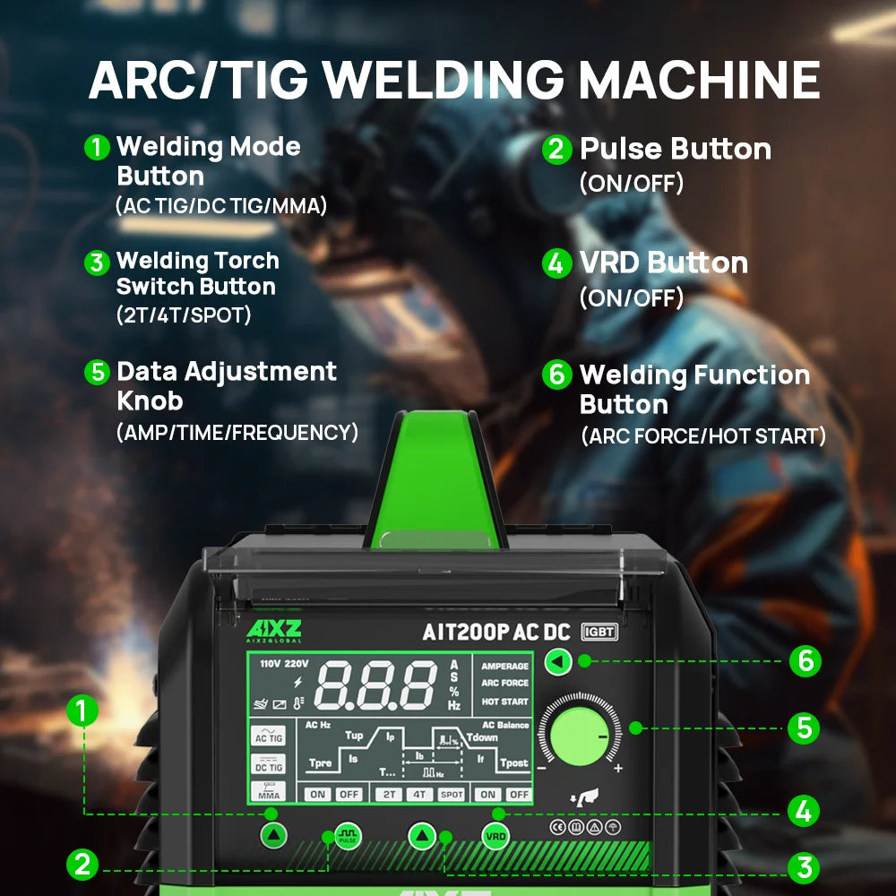 AIXZ HF TIG Welding Machine AIT200P AC DC Welder With Pulse 5 in 1 IGBT Inverter ARC Stick Welder Spot TIG Aluminum Welder