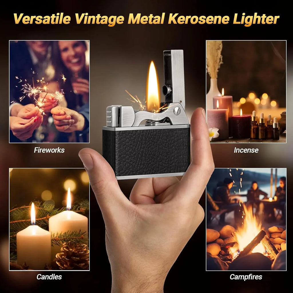 Scotte Vintage Lighter, Windproof Soft Flame, Metal and Leather Trench Lighter, Fluid Refillable Pocket Lighters