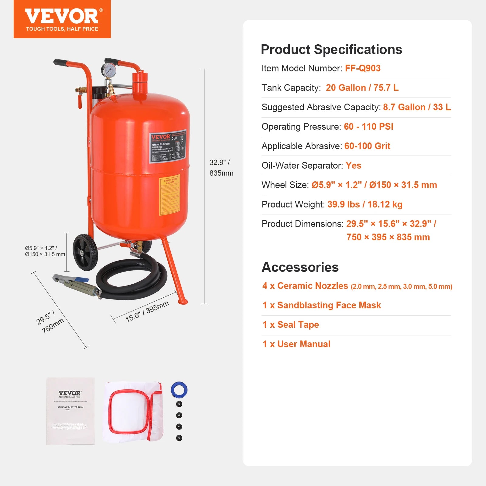 SucceBuy 5/10/20 Gallon Sand Blaster 60-110 PSI Portable Air Sandblaster Kit w/ Oil-Water Separator for Paint Stain Rust Removal