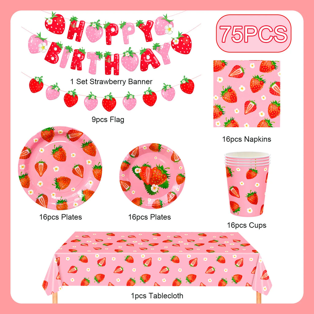 75Pcs Strawberry Birthday Party Plates Napkins Forks Supplies Summer Fruit Tableware Set Strawberry Theme Decoration for Girls